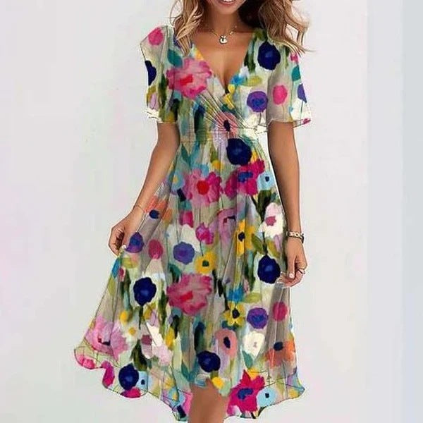 Harper | Midi Dress Blue Green Print Wrap V-Neck for Women