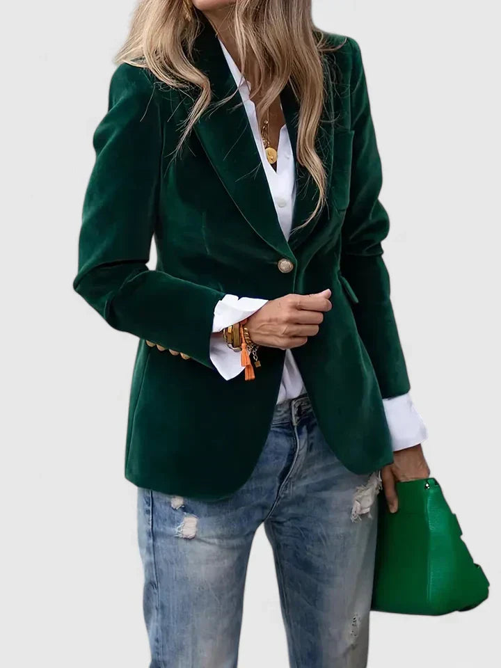 Charlotte | Velvet Blazer Navy Single-Button Gold Detail for Women
