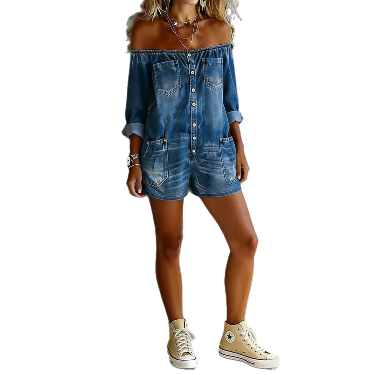 Charlotte | White Denim Playsuit Off-Shoulder Long Sleeve Button-Front for Women