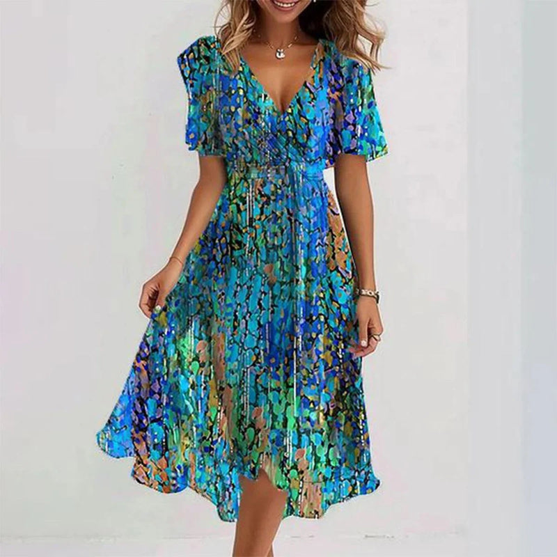 Harper | Midi Dress Blue Green Print Wrap V-Neck for Women
