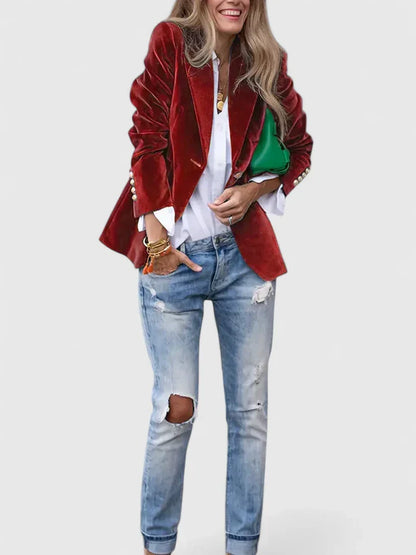 Charlotte | Velvet Blazer Navy Single-Button Gold Detail for Women