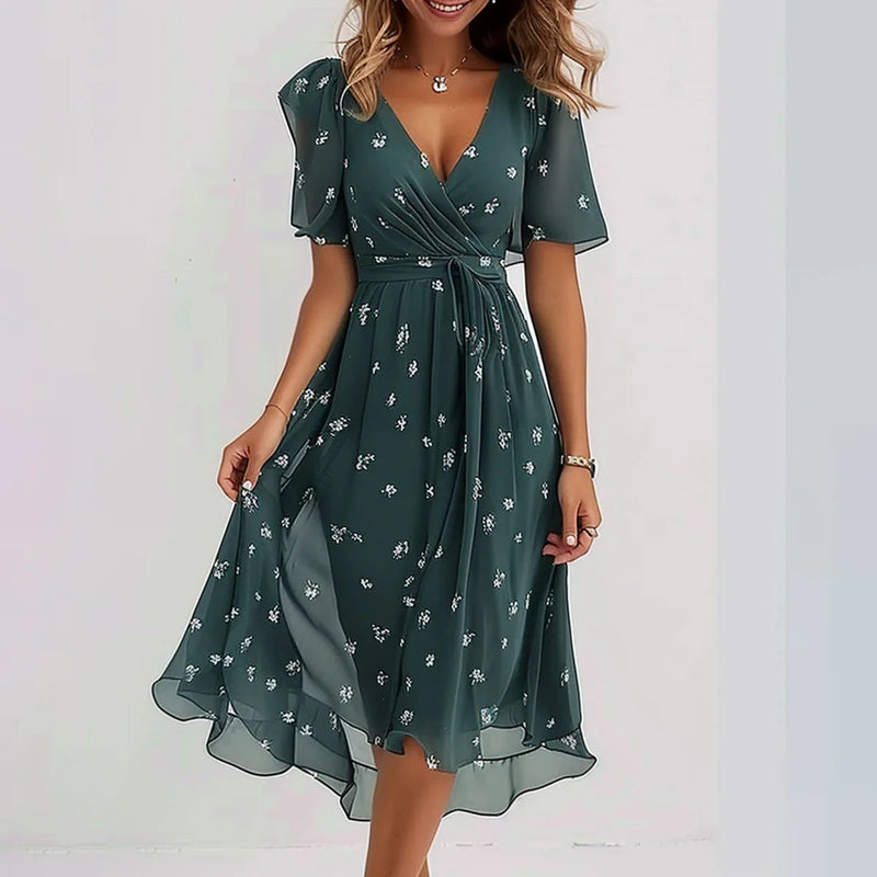 Harper | Midi Dress Blue Green Print Wrap V-Neck for Women