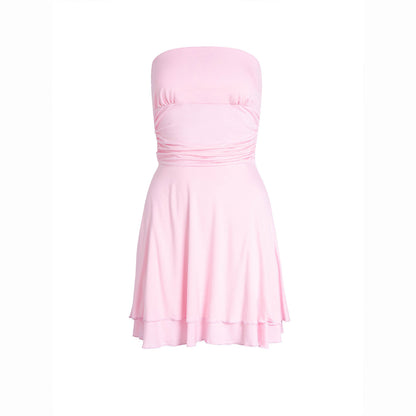 Kimba | Strapless Mini Dress Black Satin Tiered for Women