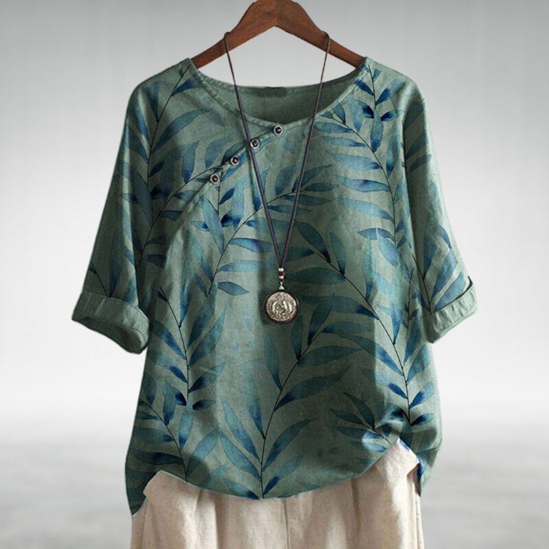 Mika | Top Blue Botanical Print Linen Round Neck for Women