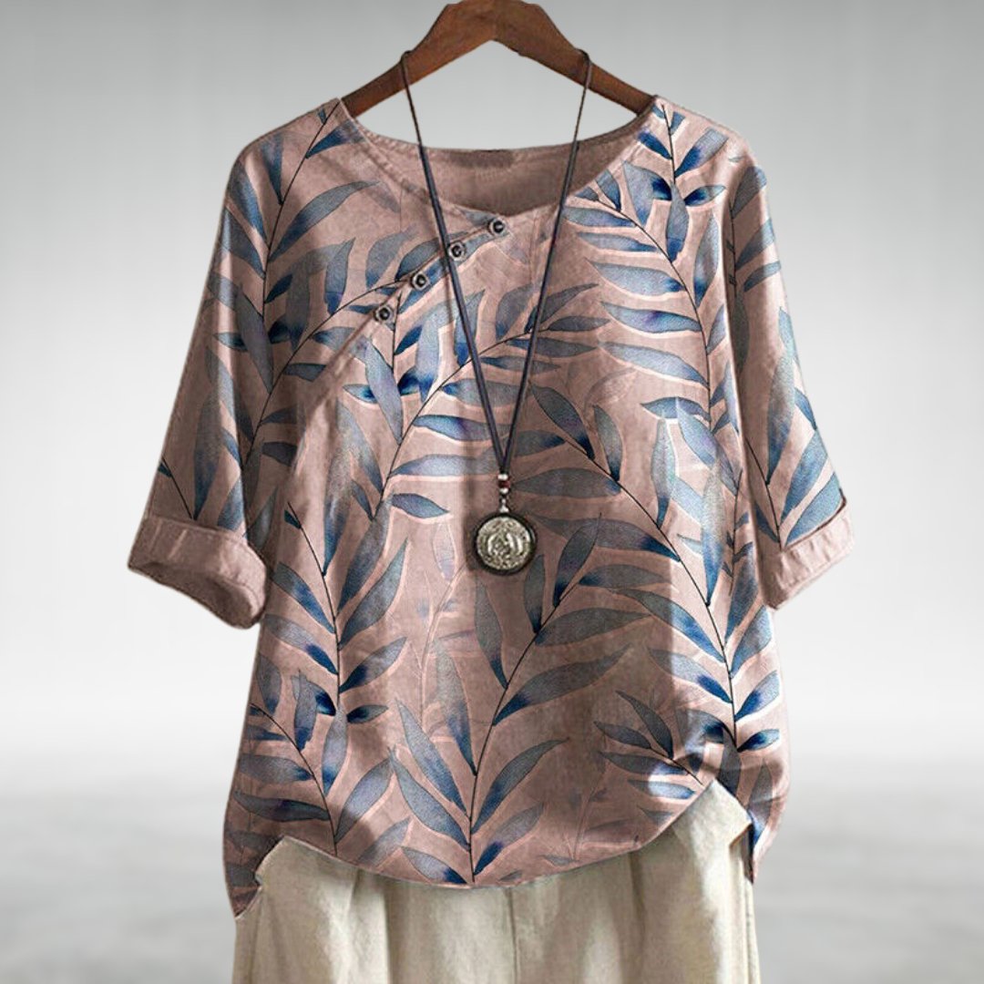 Mika | Top Blue Botanical Print Linen Round Neck for Women