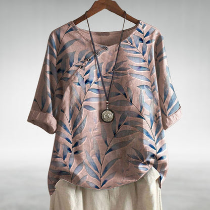 Mika | Top Blue Botanical Print Linen Round Neck for Women