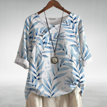 Mika | Top Blue Botanical Print Linen Round Neck for Women
