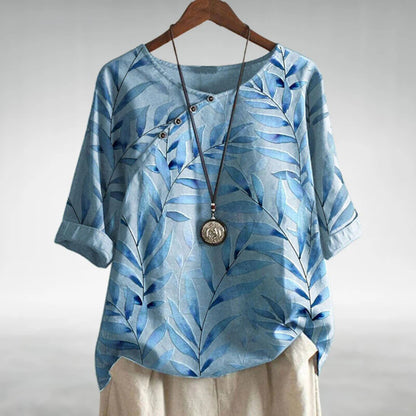 Mika | Top Blue Botanical Print Linen Round Neck for Women
