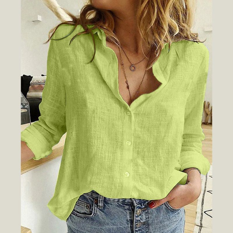 Wynter | Long Sleeve Blouse Light Blue Linen Collared V-Neck for Women