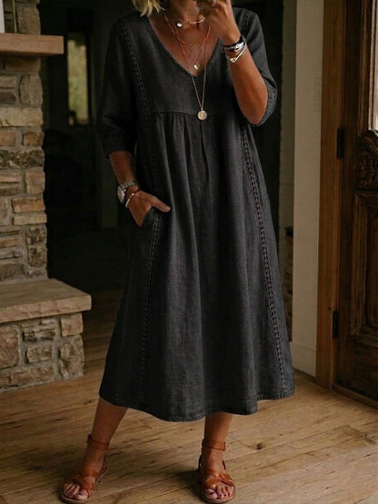 Iluka | Midi Dress Blue Linen Lace Trim V-Neck for Women