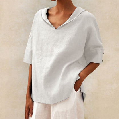 Lila | Relaxed Top Green Linen V-Neck Short Sleeve for Women
