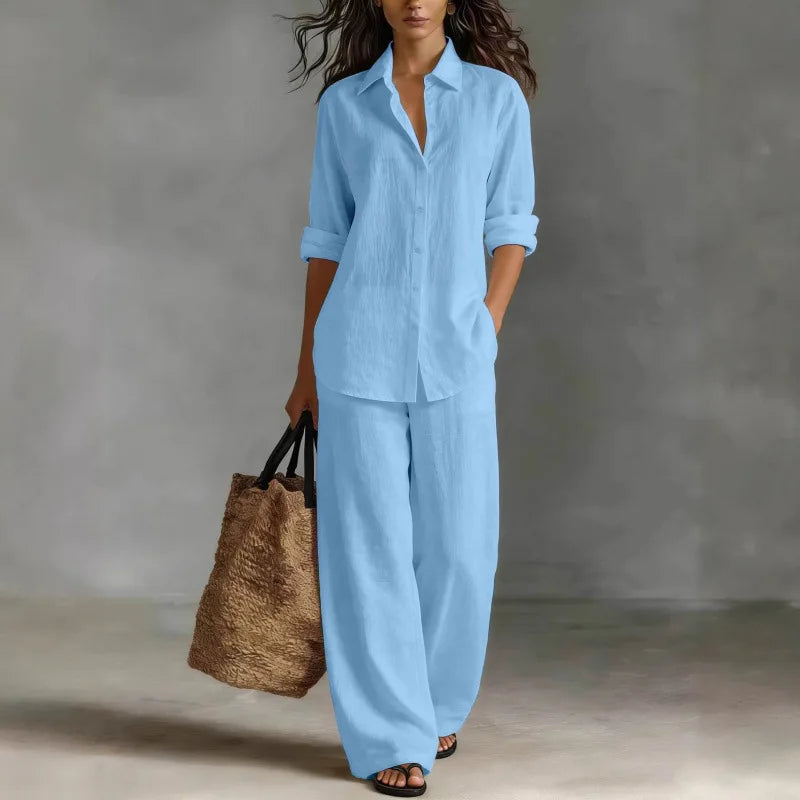 Amaya | Two-Piece Set Ivory Linen Shirt Wide Leg Trousers for Women