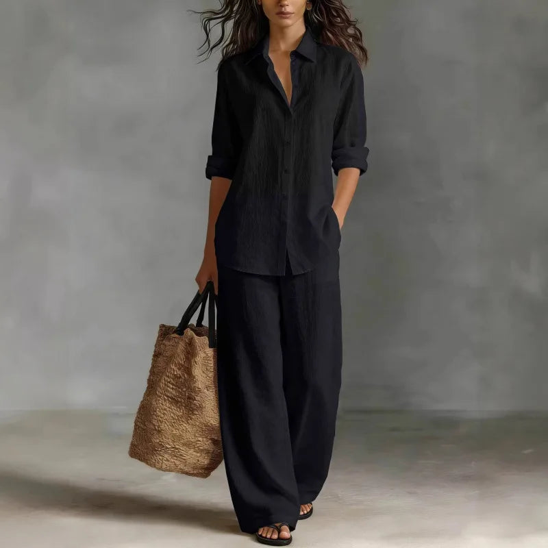 Amaya | Two-Piece Set Ivory Linen Shirt Wide Leg Trousers for Women