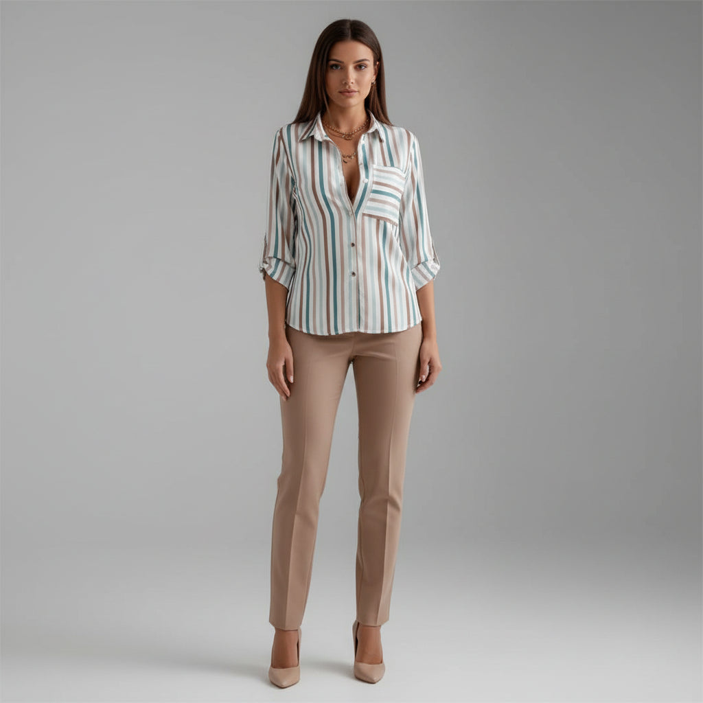 Palmer | Printed Blouse Black White Graphic Roll-Up Sleeve for Women