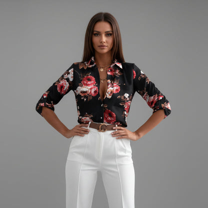 Palmer | Printed Blouse Black White Graphic Roll-Up Sleeve for Women
