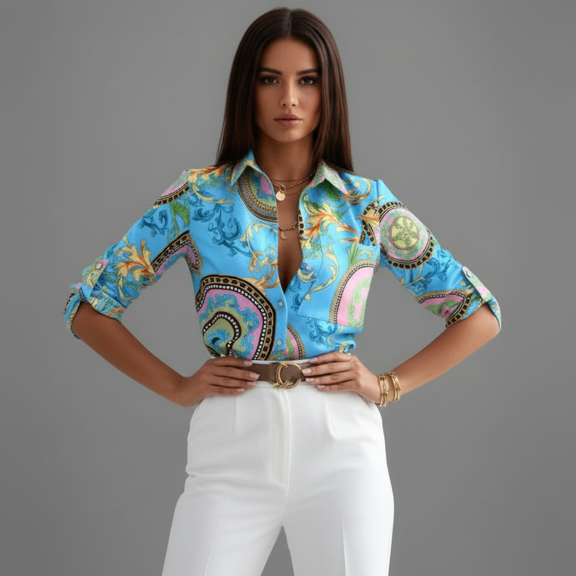 Palmer | Printed Blouse Black White Graphic Roll-Up Sleeve for Women