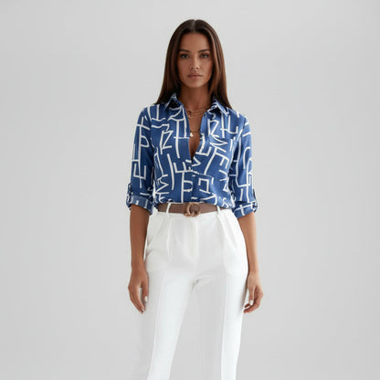 Palmer | Printed Blouse Black White Graphic Roll-Up Sleeve for Women