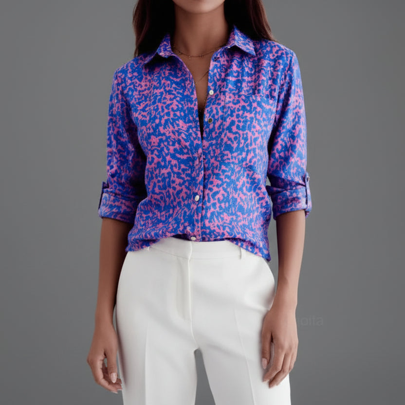 Palmer | Printed Blouse Black White Graphic Roll-Up Sleeve for Women