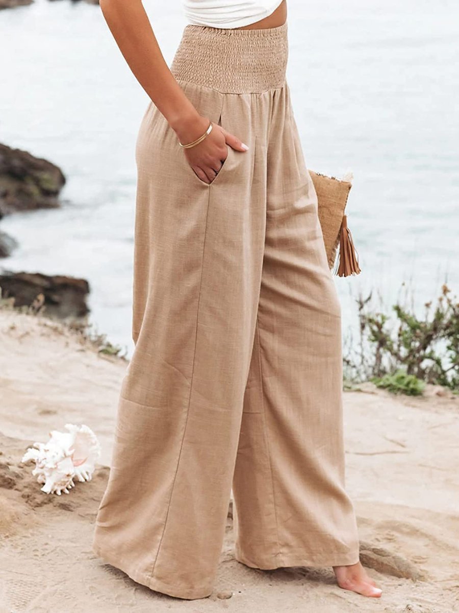 Niamh | Wide-Leg Trousers Beige Linen Smocked Waist for Women