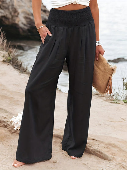 Niamh | Wide-Leg Trousers Beige Linen Smocked Waist for Women