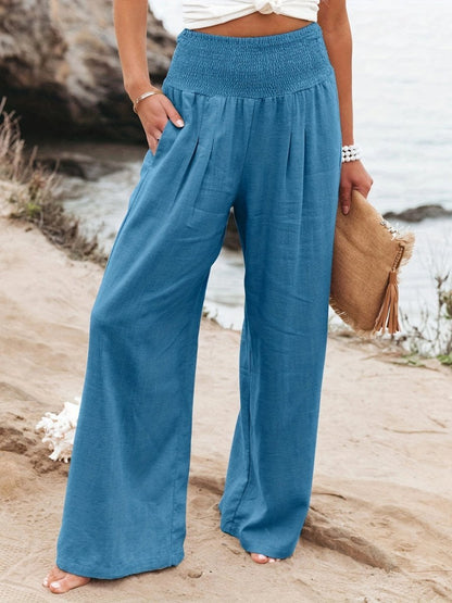 Niamh | Wide-Leg Trousers Beige Linen Smocked Waist for Women