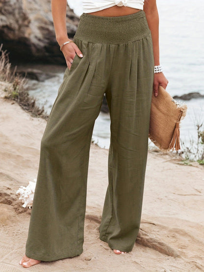 Niamh | Wide-Leg Trousers Beige Linen Smocked Waist for Women