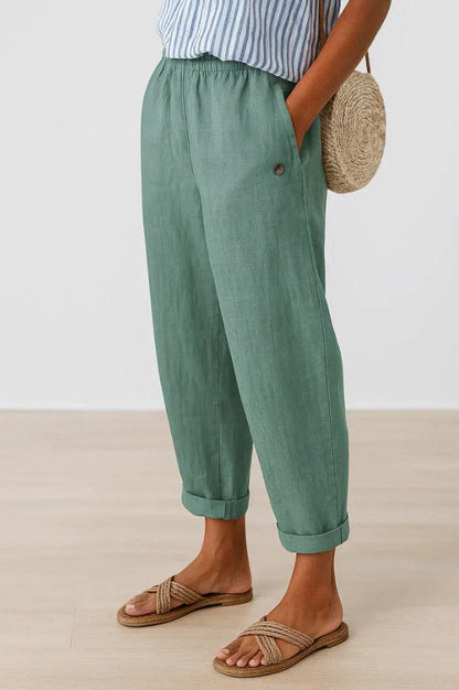 Odette | Cropped Trousers Beige Linen-Look Wide-Leg for Women