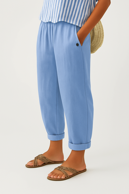 Odette | Cropped Trousers Beige Linen-Look Wide-Leg for Women