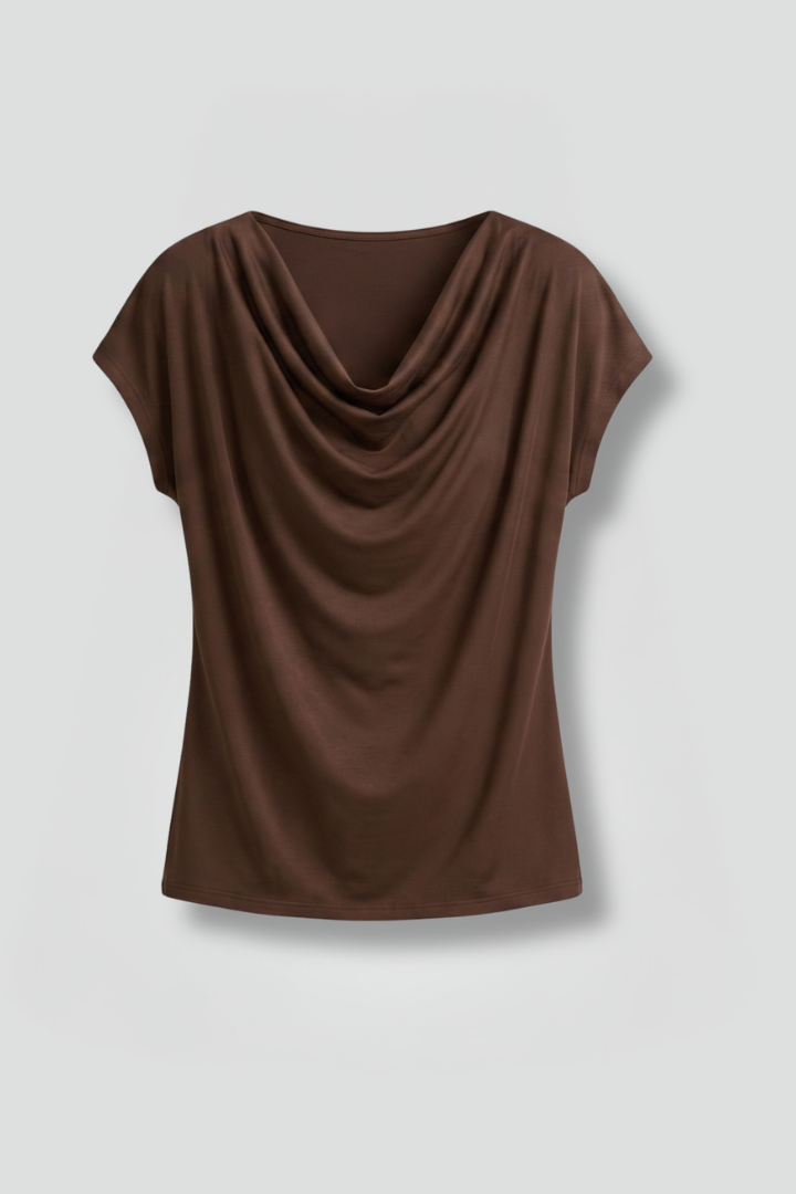Calla | Short Sleeve Blouse Brown Cowl Neck Draped Front for Women