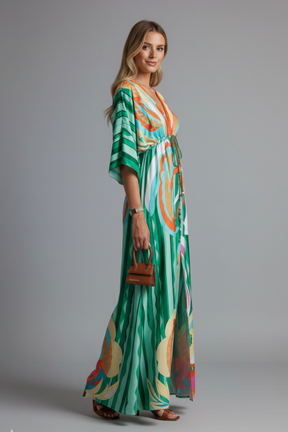 Violet | Maxi Dress Green Print Satin V-Neck for Women