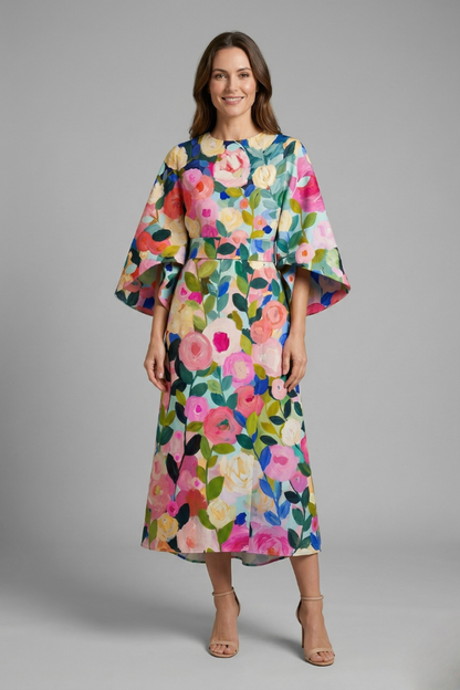 Emerson | Midi Dress Green Floral Wide Sleeve for Women