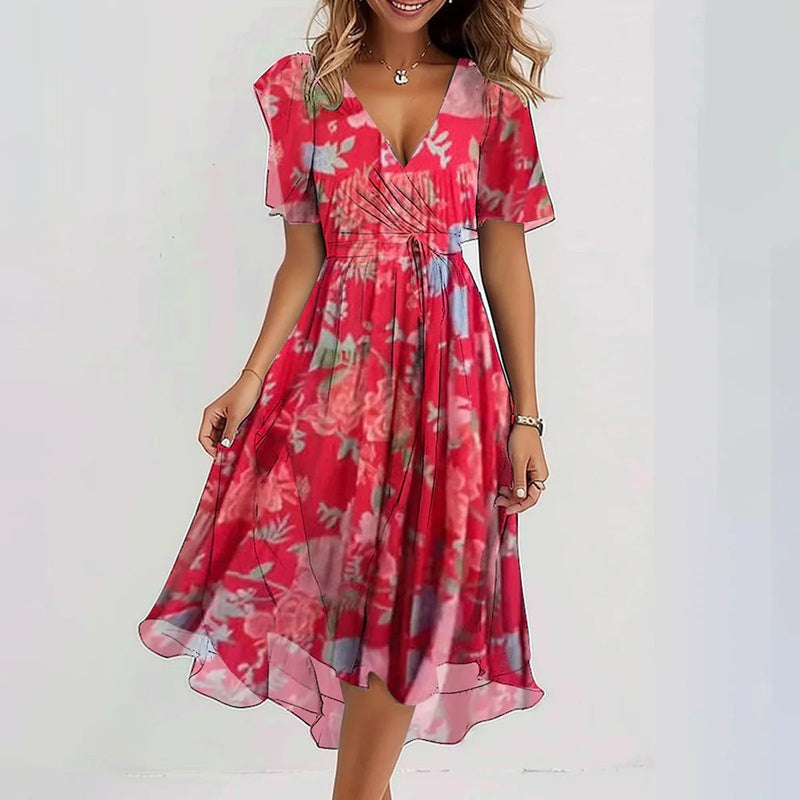 Harper | Midi Dress Blue Green Print Wrap V-Neck for Women