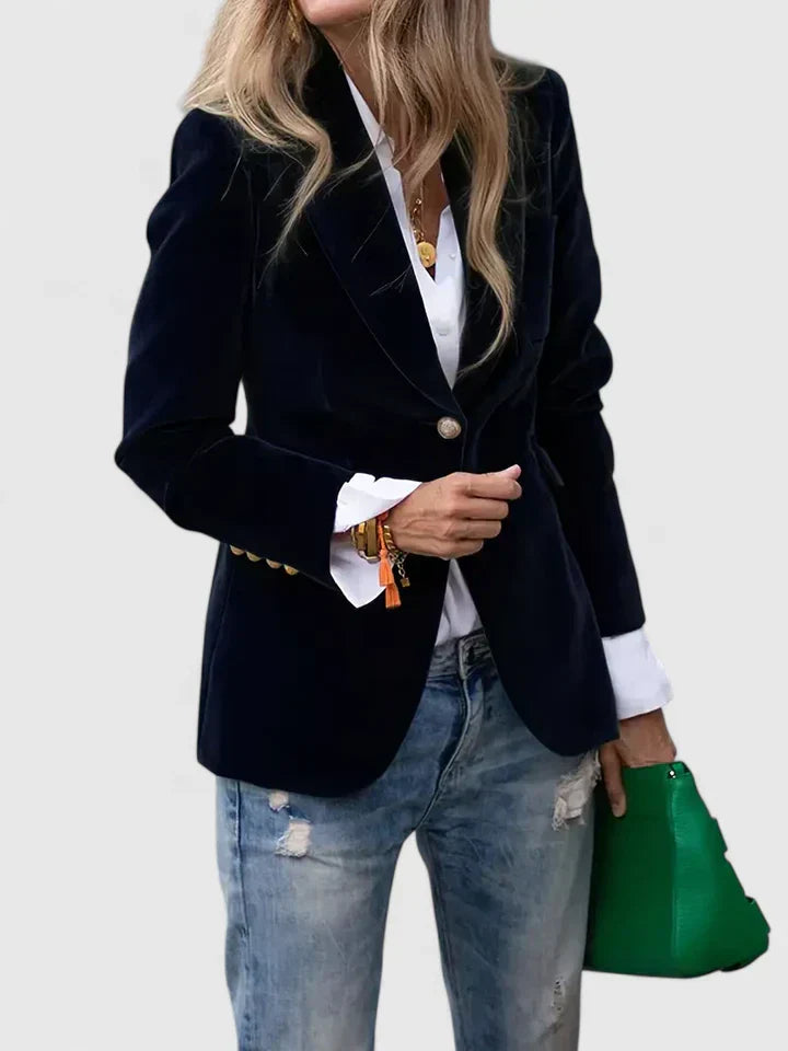 Charlotte | Velvet Blazer Navy Single-Button Gold Detail for Women